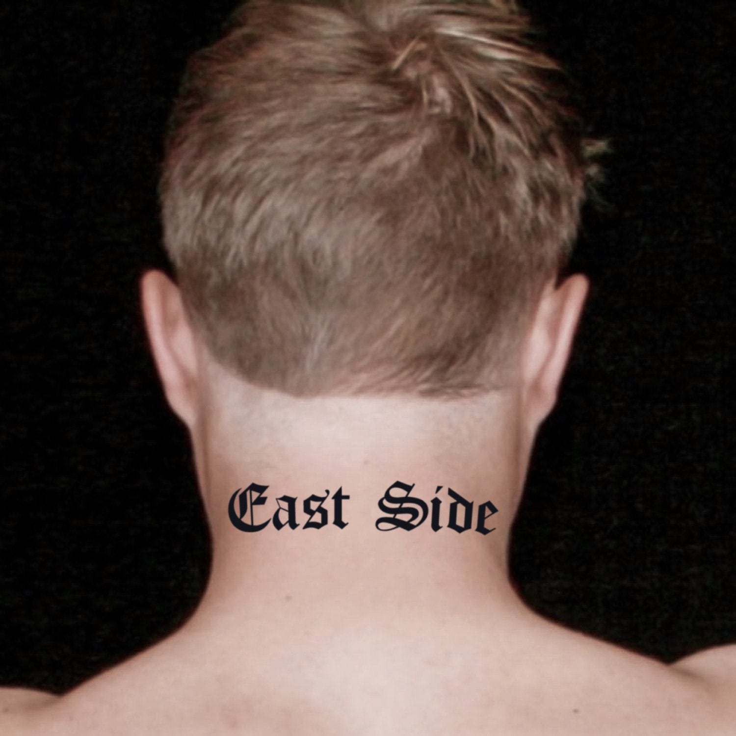 fake medium east side lettering temporary tattoo sticker design idea on neck