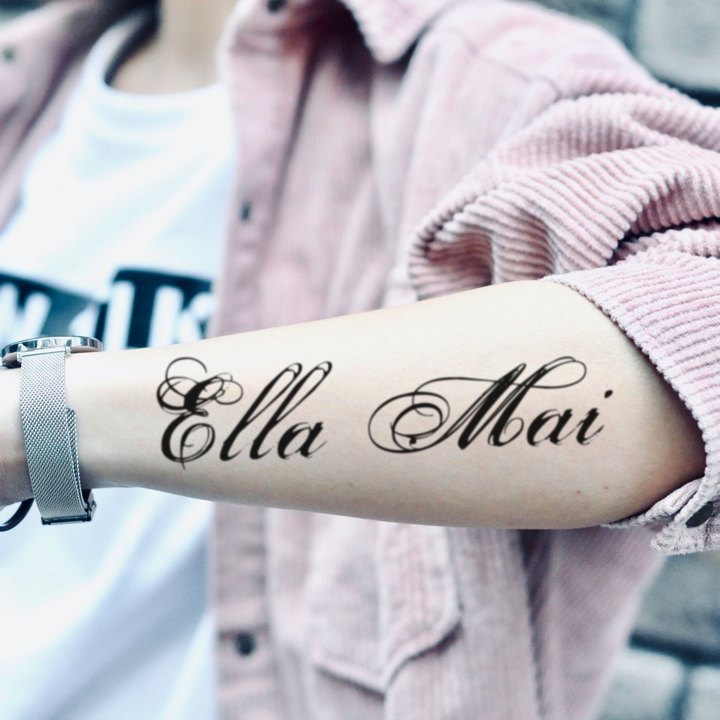 fake medium ella mai lettering temporary tattoo sticker design idea on forearm
