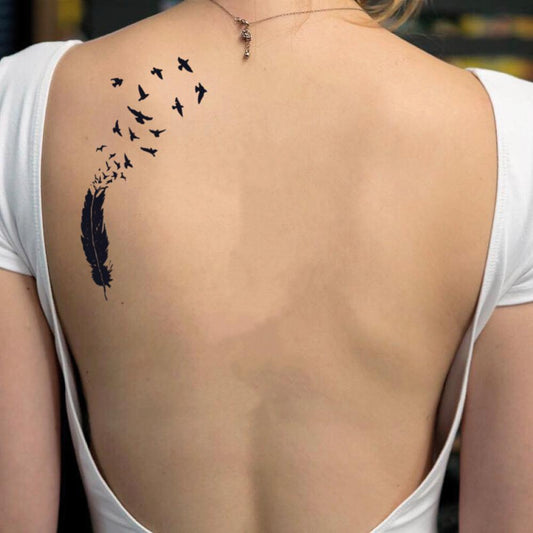 fake medium feather with birds animal temporary tattoo sticker design idea on back