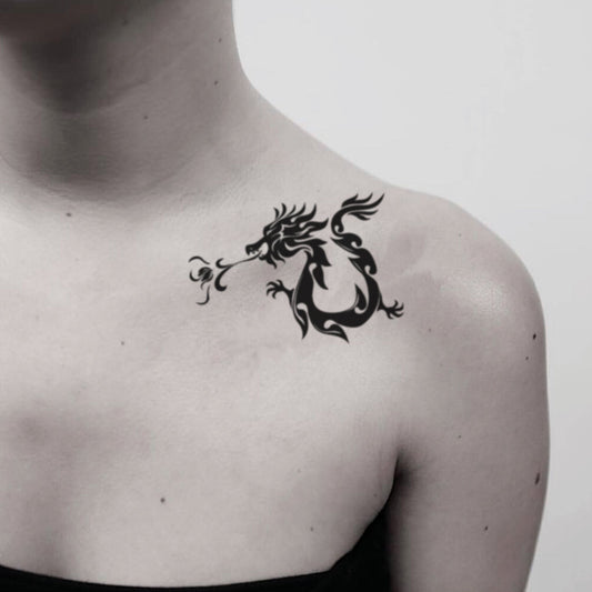 fake medium fire breathing dragon animal temporary tattoo sticker design idea on shoulder