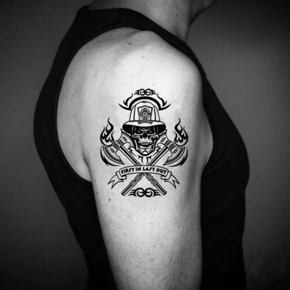fake medium wildland firefighter illustrative temporary tattoo sticker design idea on upper arm