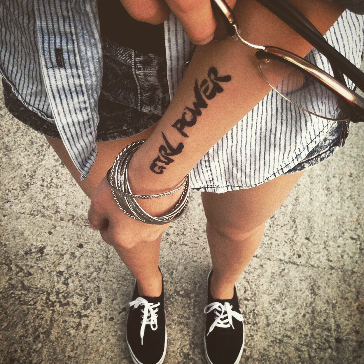 fake medium girl power lettering temporary tattoo sticker design idea on forearm