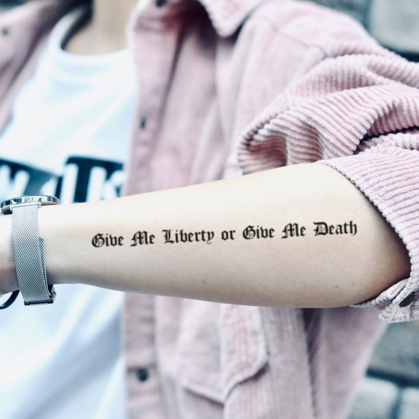 fake medium give me liberty or give me death freedom lettering temporary tattoo sticker design idea on forearm