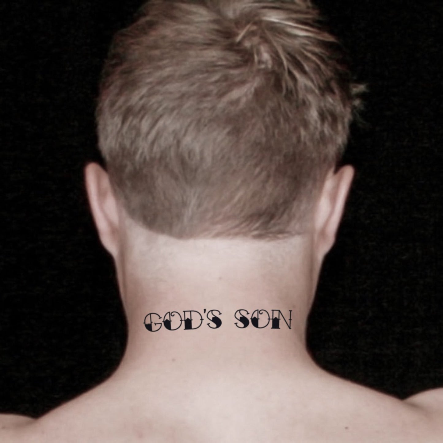 fake medium god's god son lettering temporary tattoo sticker design idea on neck