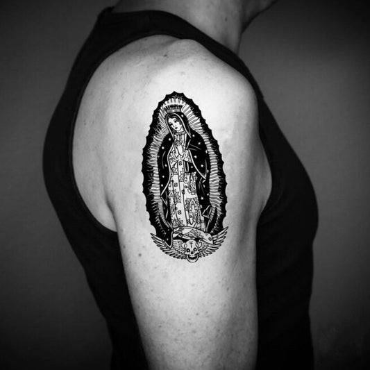 fake medium lady of virgen de guadalupe mother virgin mary cholo illustrative temporary tattoo sticker design idea on upper arm