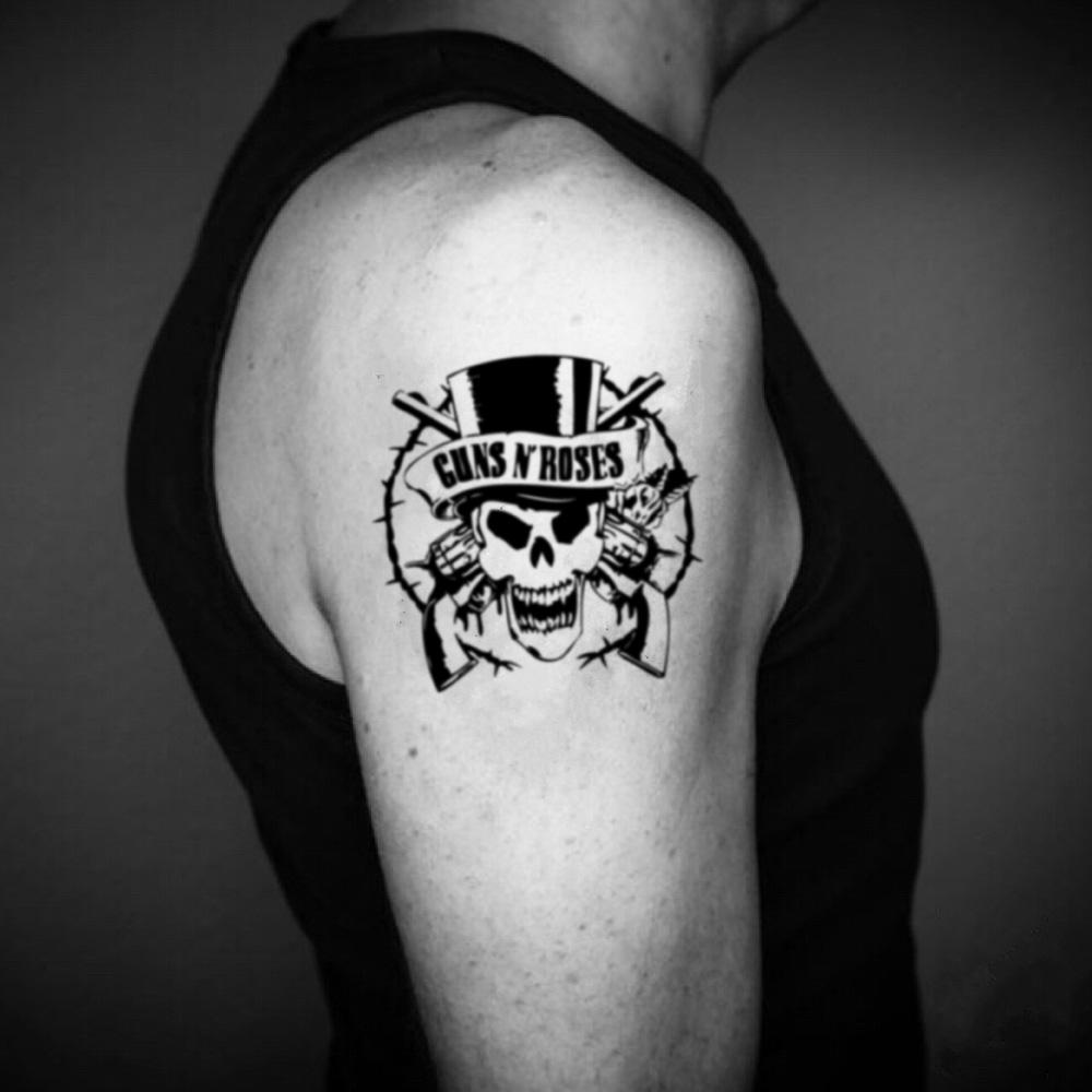 fake medium guns n roses illustrative temporary tattoo sticker design idea on upper arm