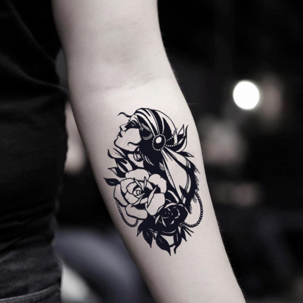 fake medium romani gypsy rose girl illustrative temporary tattoo sticker design idea on inner arm