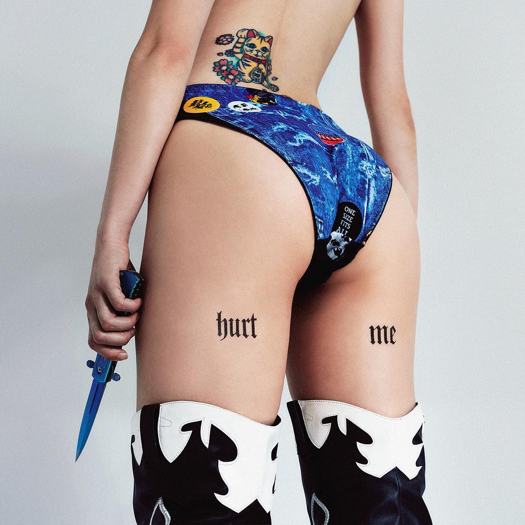 Medium Hurt Me hotties custom lettering temporary tattoo design idea on thigh - custom word name font writing characters calligraphy quote - OhMyTat