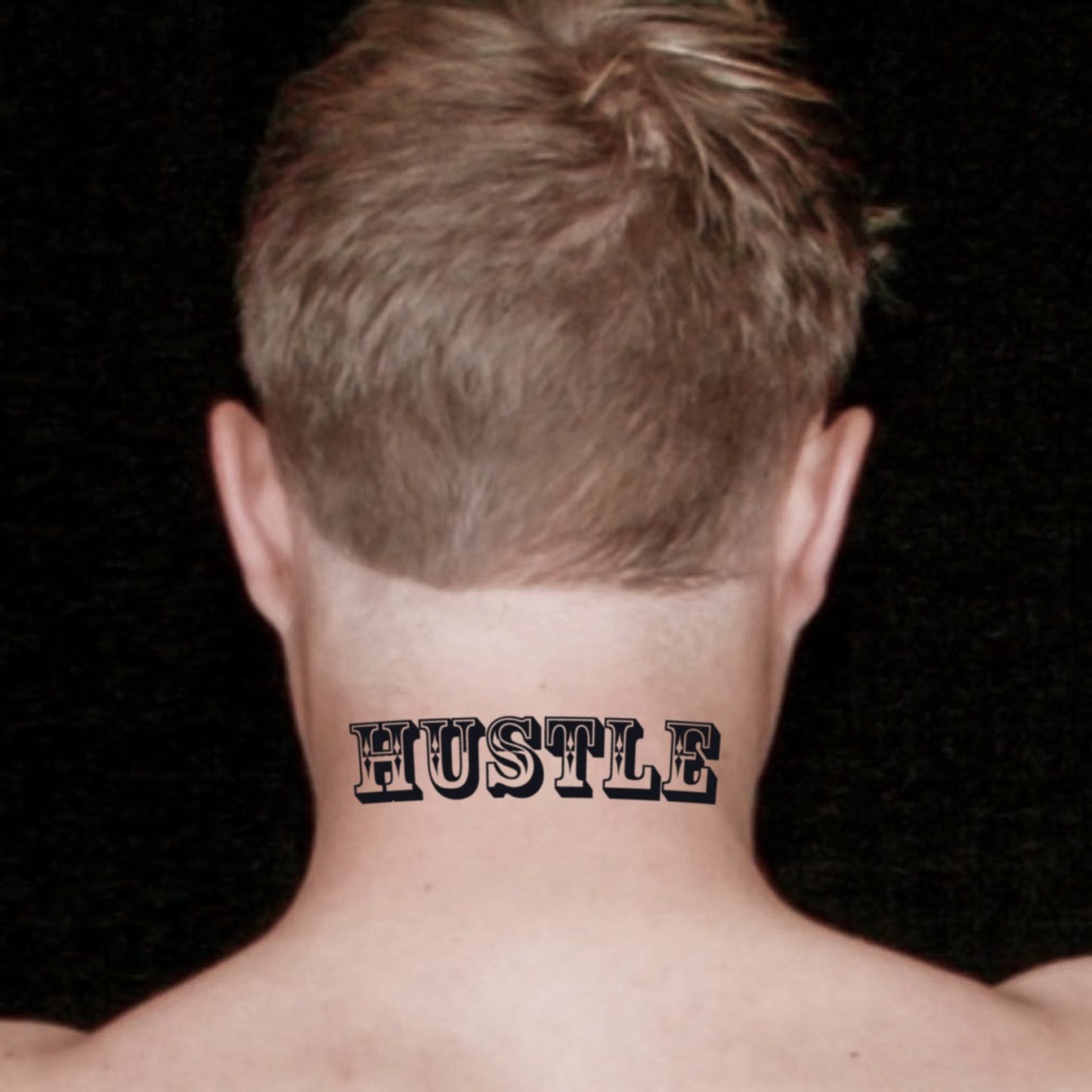 fake medium hustle lettering temporary tattoo sticker design idea on neck