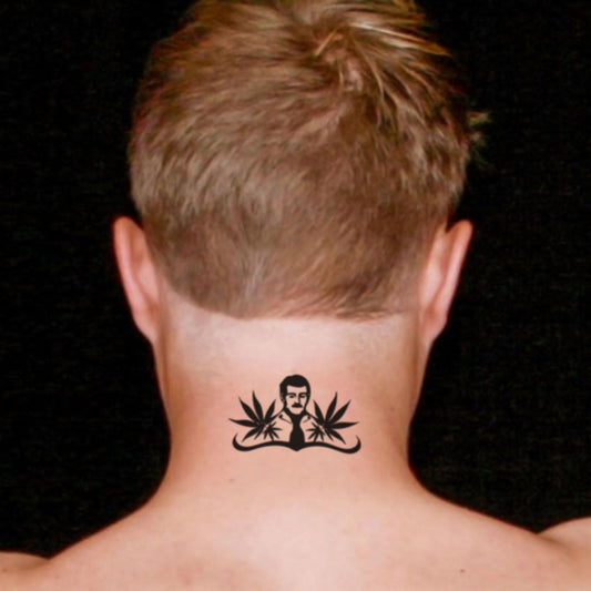 fake medium jesus malverde male model illustrative temporary tattoo sticker design idea on neck