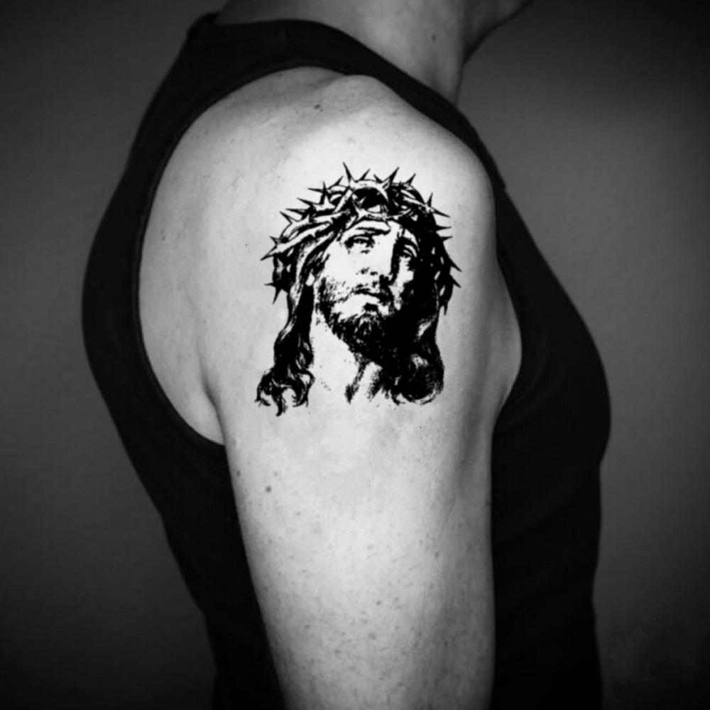 fake medium black jesus crown of thorns god face cristo piece portrait temporary tattoo sticker design idea on upper arm
