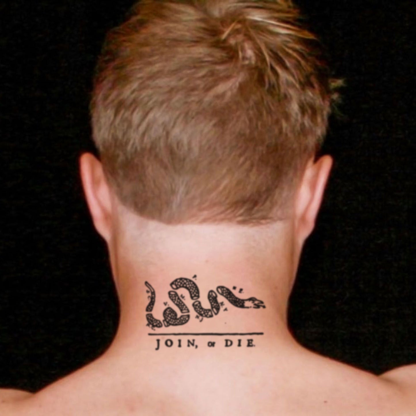 fake medium american revolution revolutionary war join or die libertarian snake male model illustrative temporary tattoo sticker design idea on neck