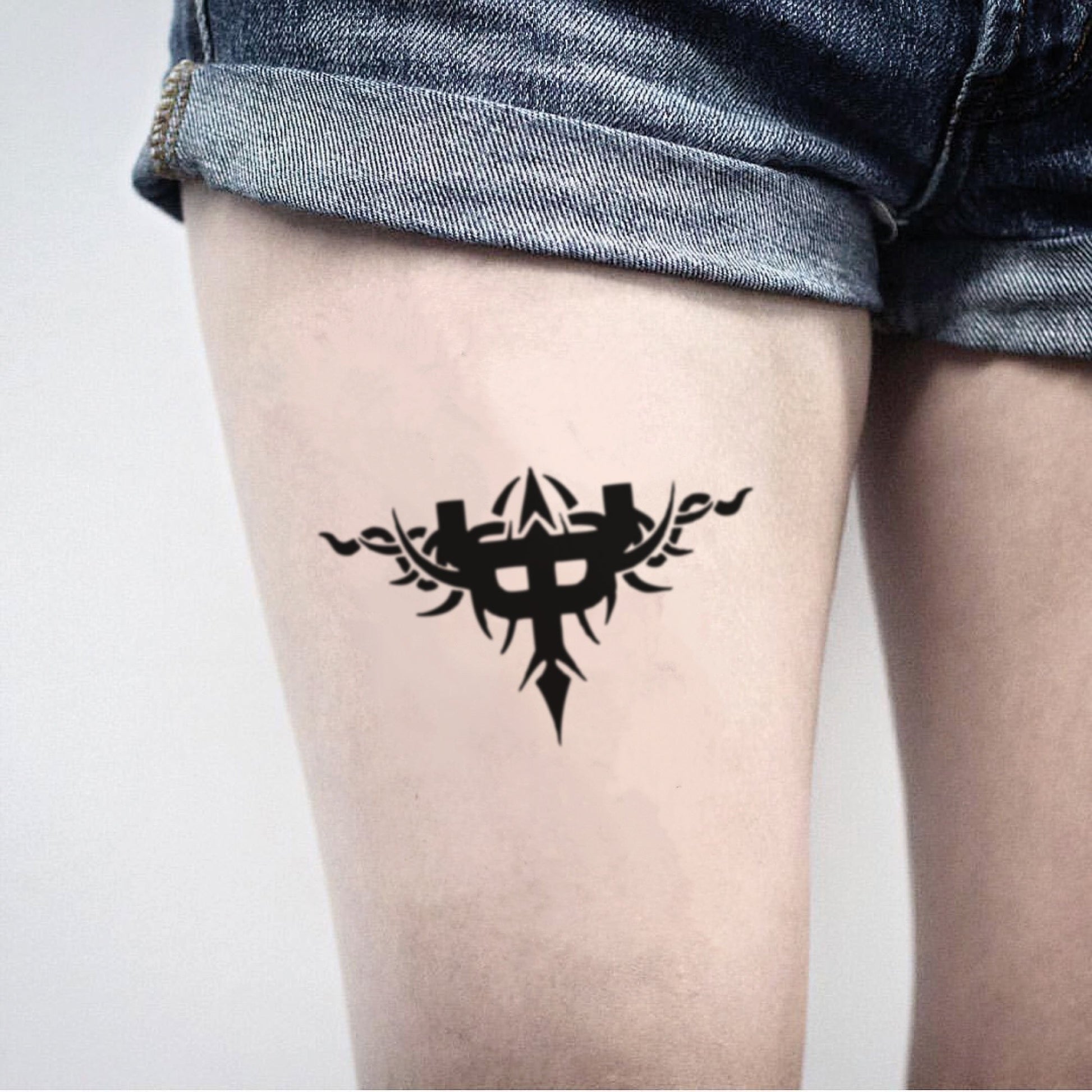 fake medium judas priest minimalist temporary tattoo sticker design idea on thigh