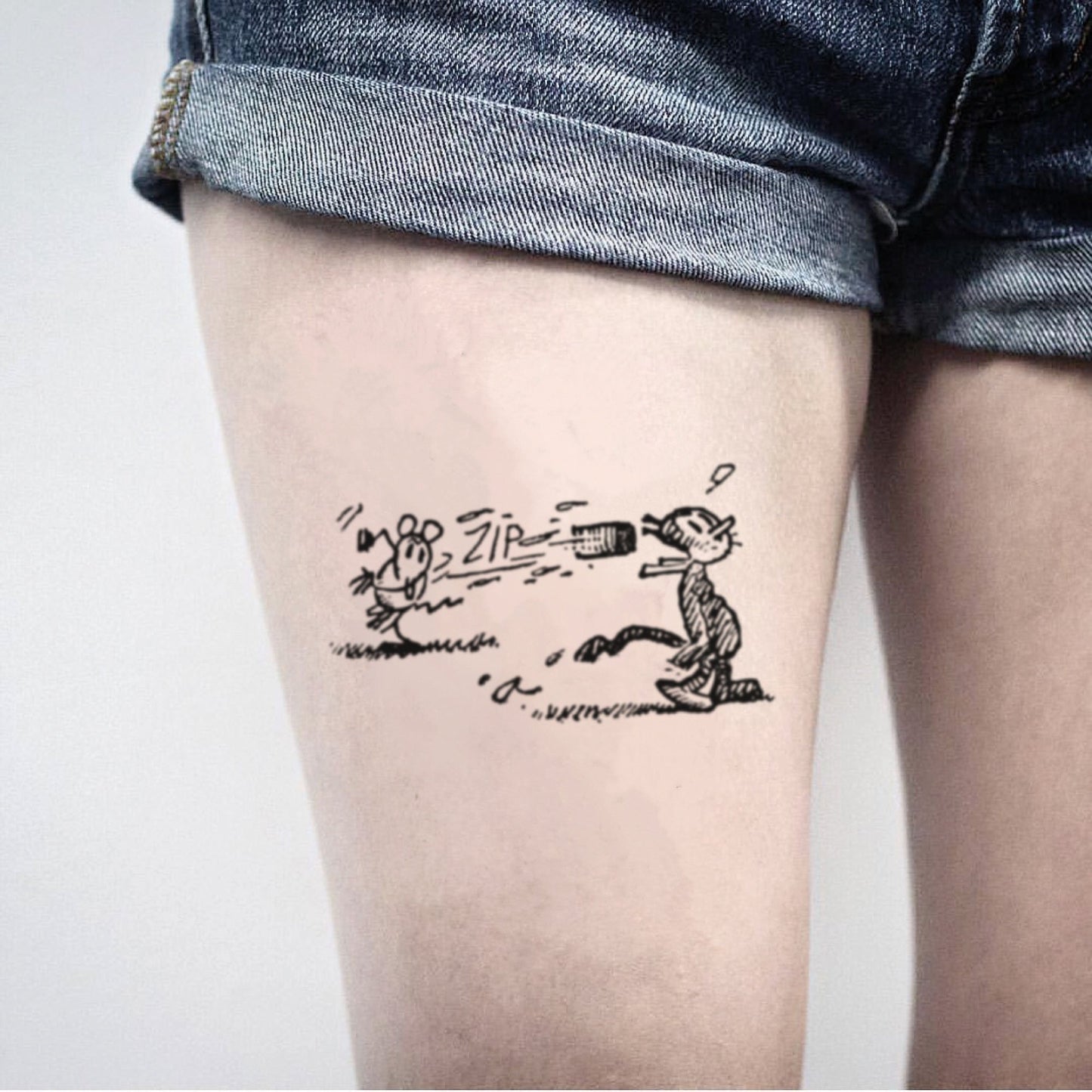 fake medium krazy kat illustrative temporary tattoo sticker design idea on thigh