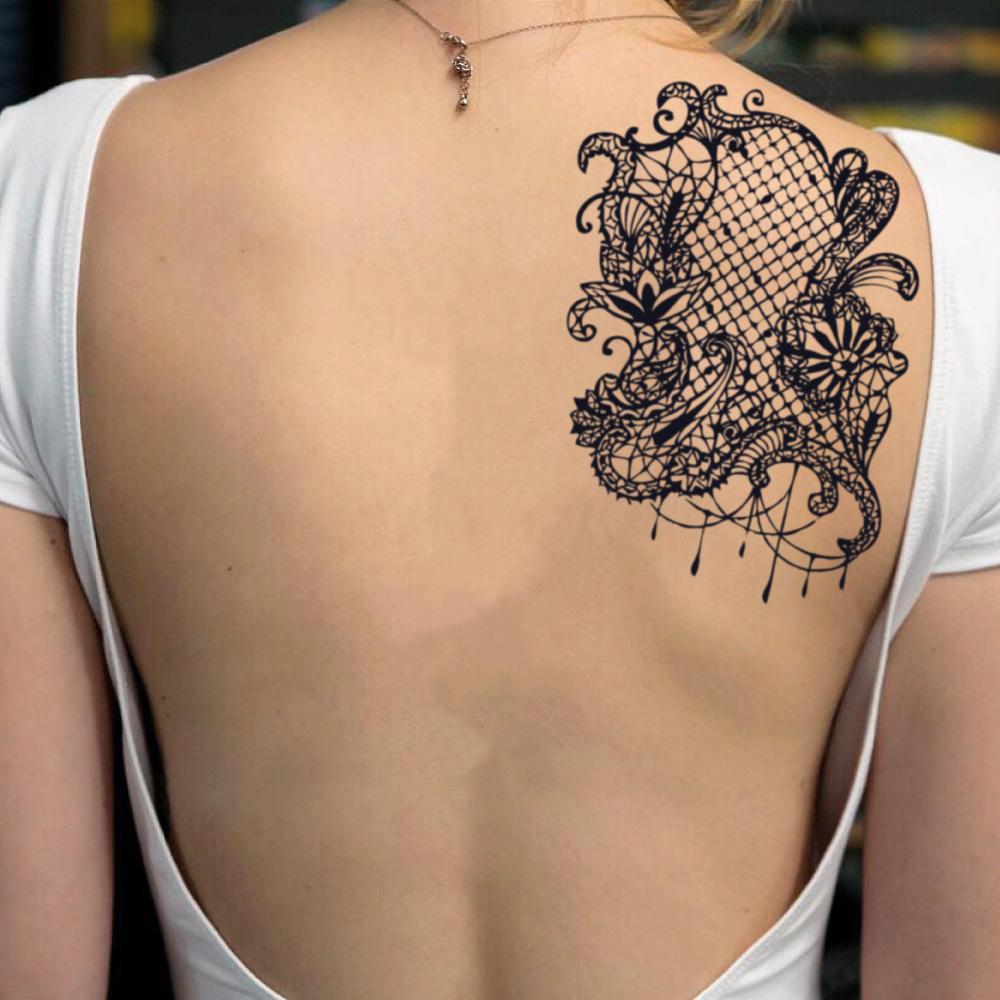 fake medium lace flower scapula ornamental bohemian temporary tattoo sticker design idea on ladies back