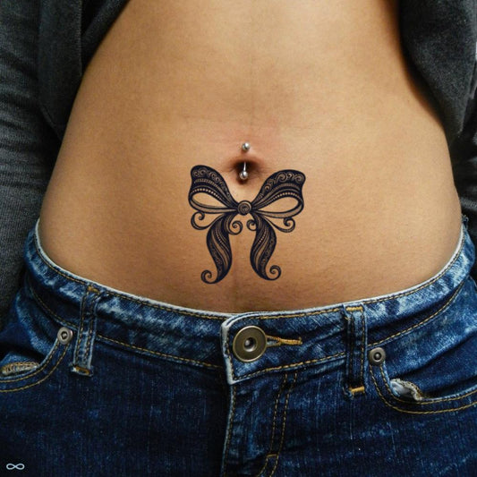 fake medium lace bow flirty bohemian temporary tattoo sticker design idea on stomach