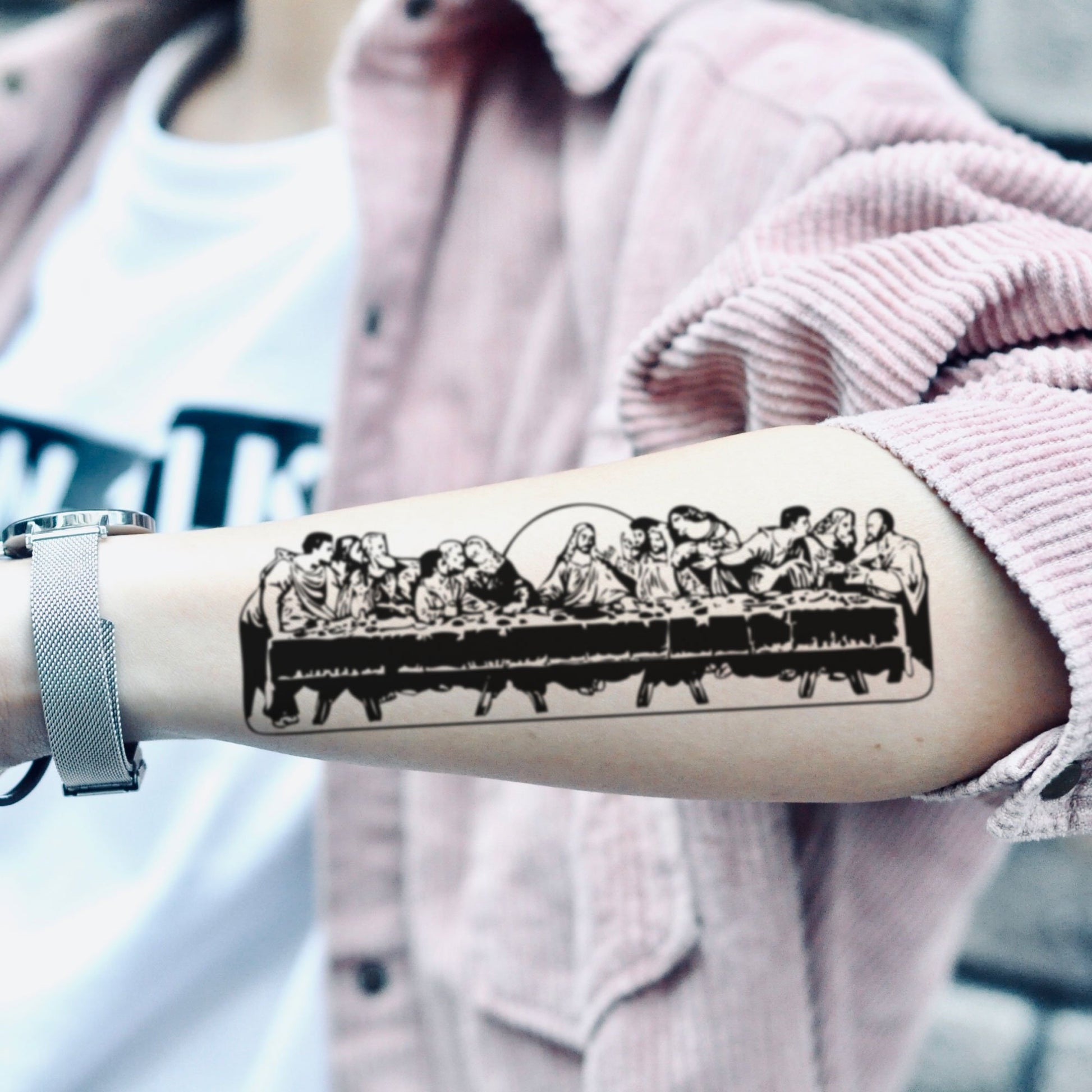 fake medium last supper lower arm illustrative temporary tattoo sticker design idea on forearm