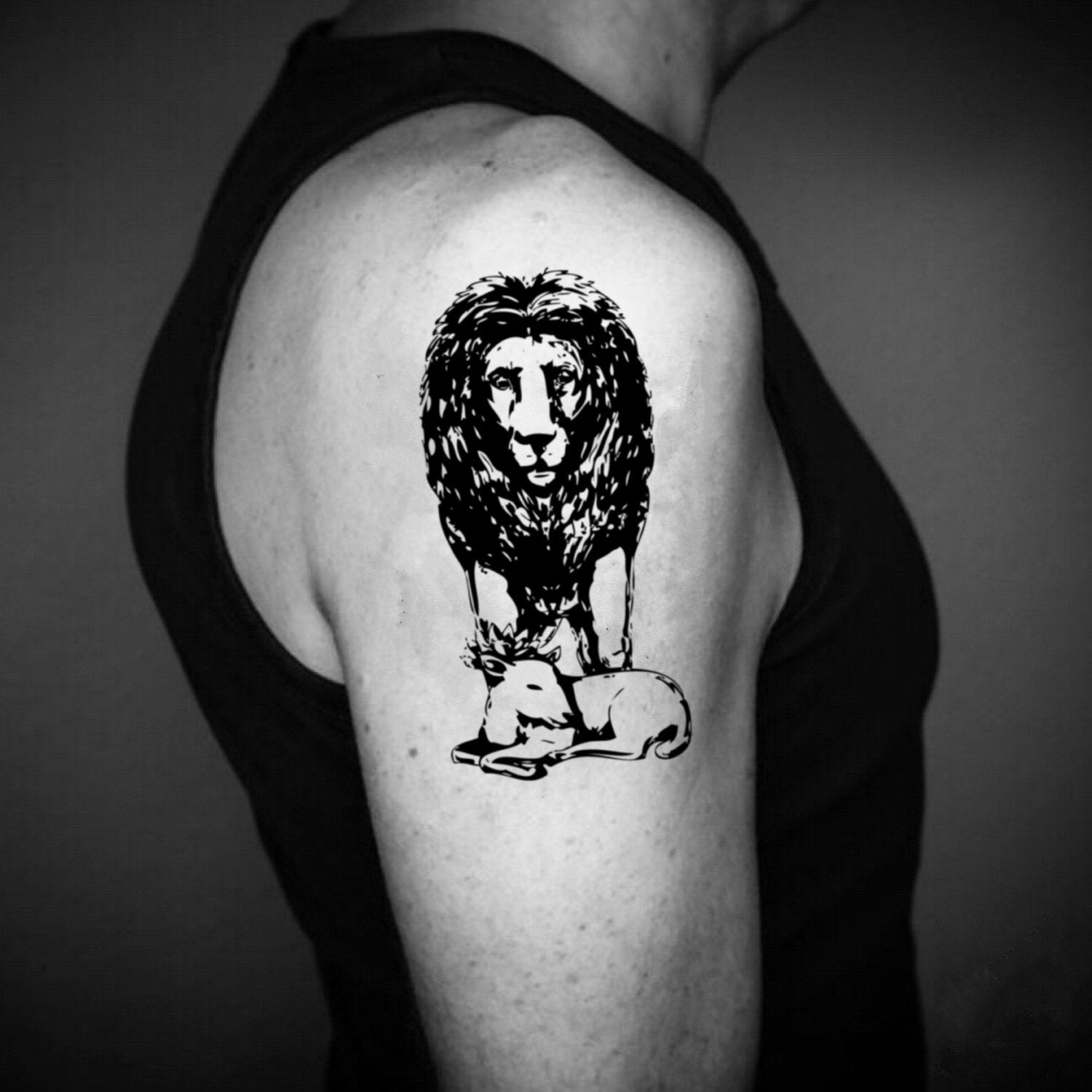 fake medium lion lamb animal temporary tattoo sticker design idea on upper arm