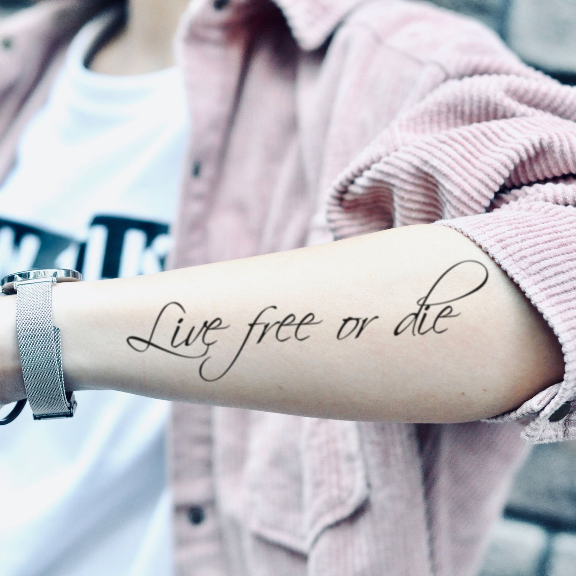 fake medium live free or die lower arm lettering temporary tattoo sticker design idea on forearm