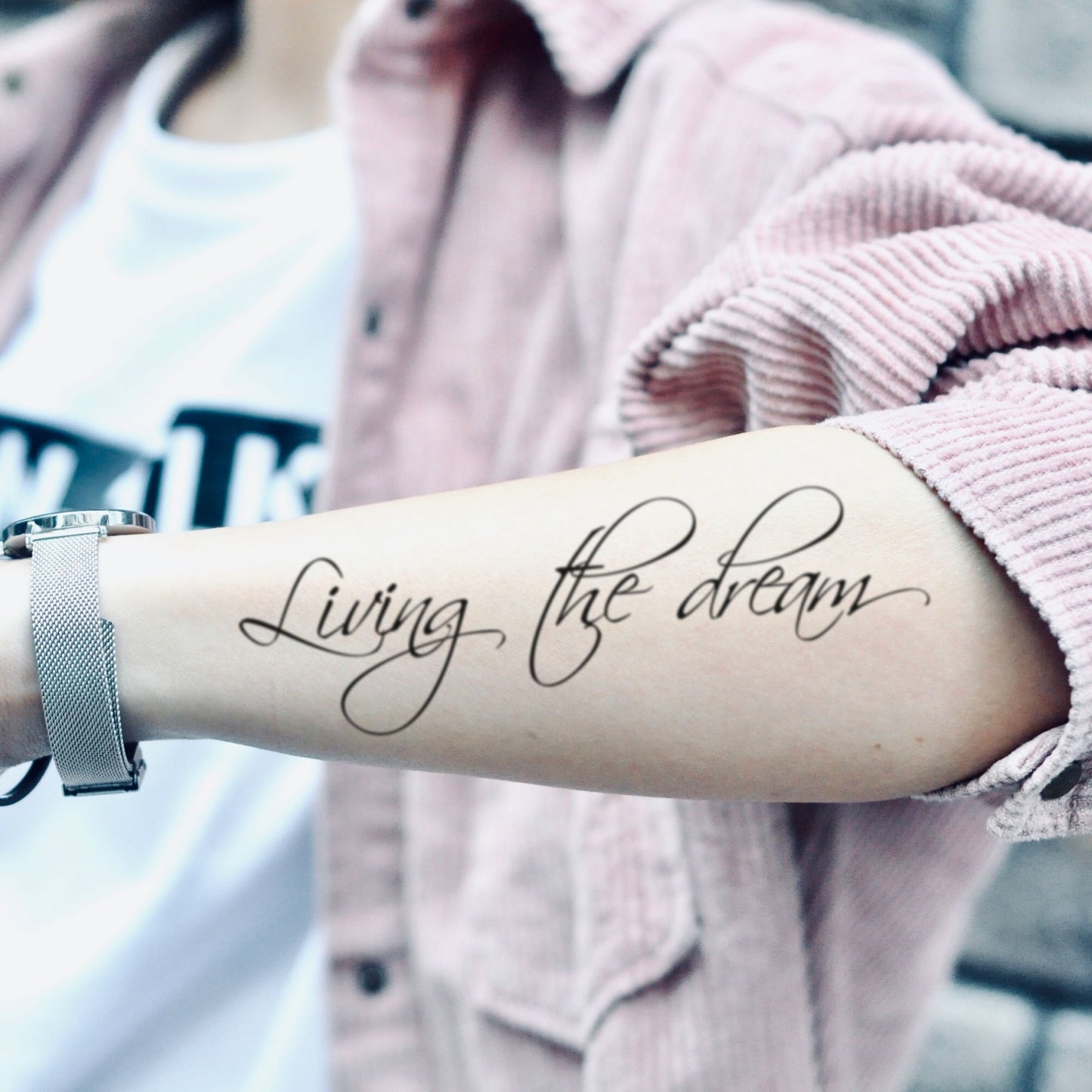 fake medium living the dream lower arm lettering temporary tattoo sticker design idea on forearm