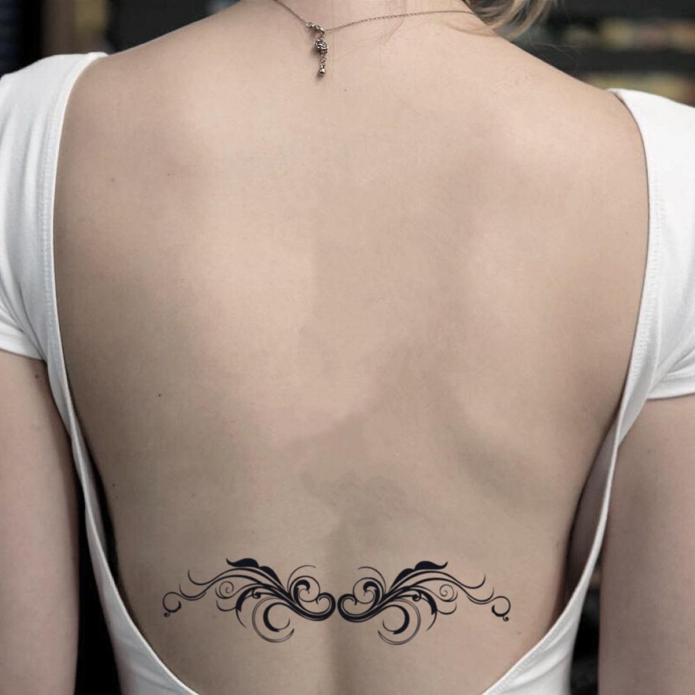 fake medium sexy lower back body swirl succubus bohemian ornaments temporary tattoo sticker design idea on back for girls chicks lady women