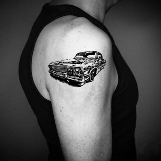 fake medium lowrider car illustrative temporary tattoo sticker design idea on upper arm