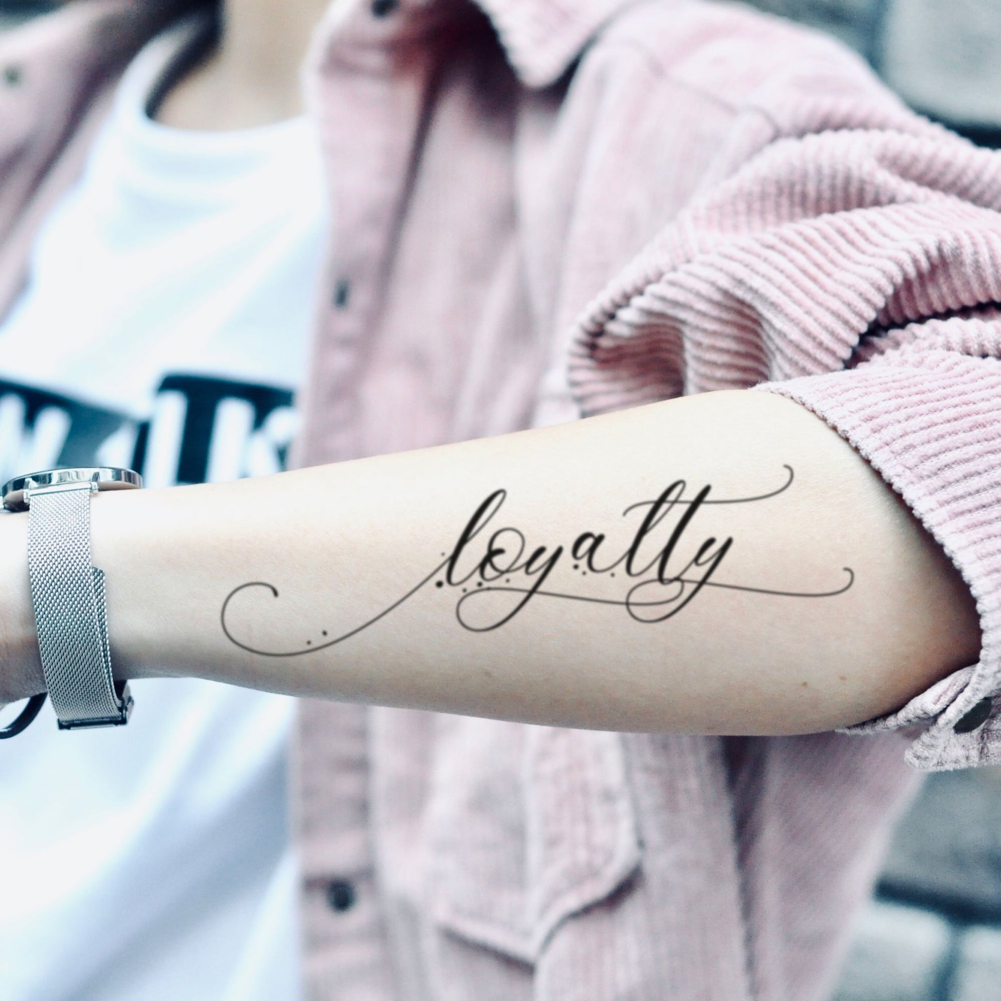 fake medium loyalty loyal lettering temporary tattoo sticker design idea on forearm
