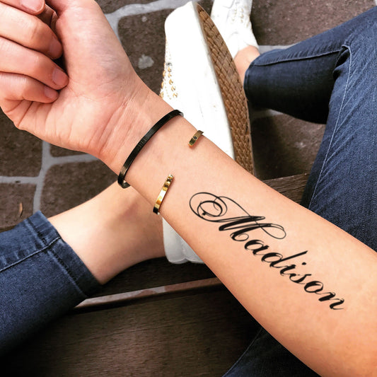 fake medium madison name lettering temporary tattoo sticker design idea on inner arm
