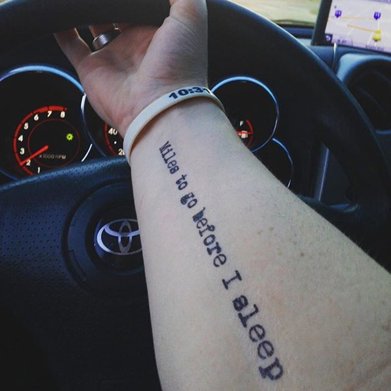fake small miles to go before i sleep lettering temporary tattoo sticker design idea on forearm