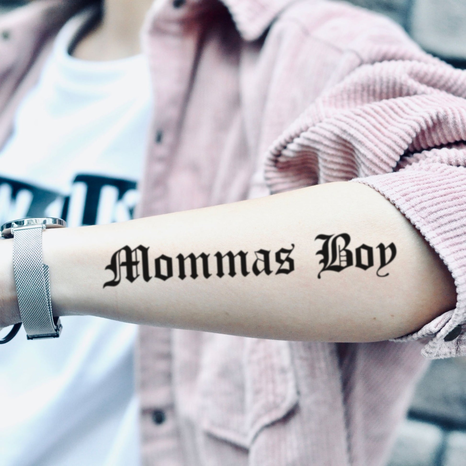 fake medium mommas boy lettering temporary tattoo sticker design idea on forearm