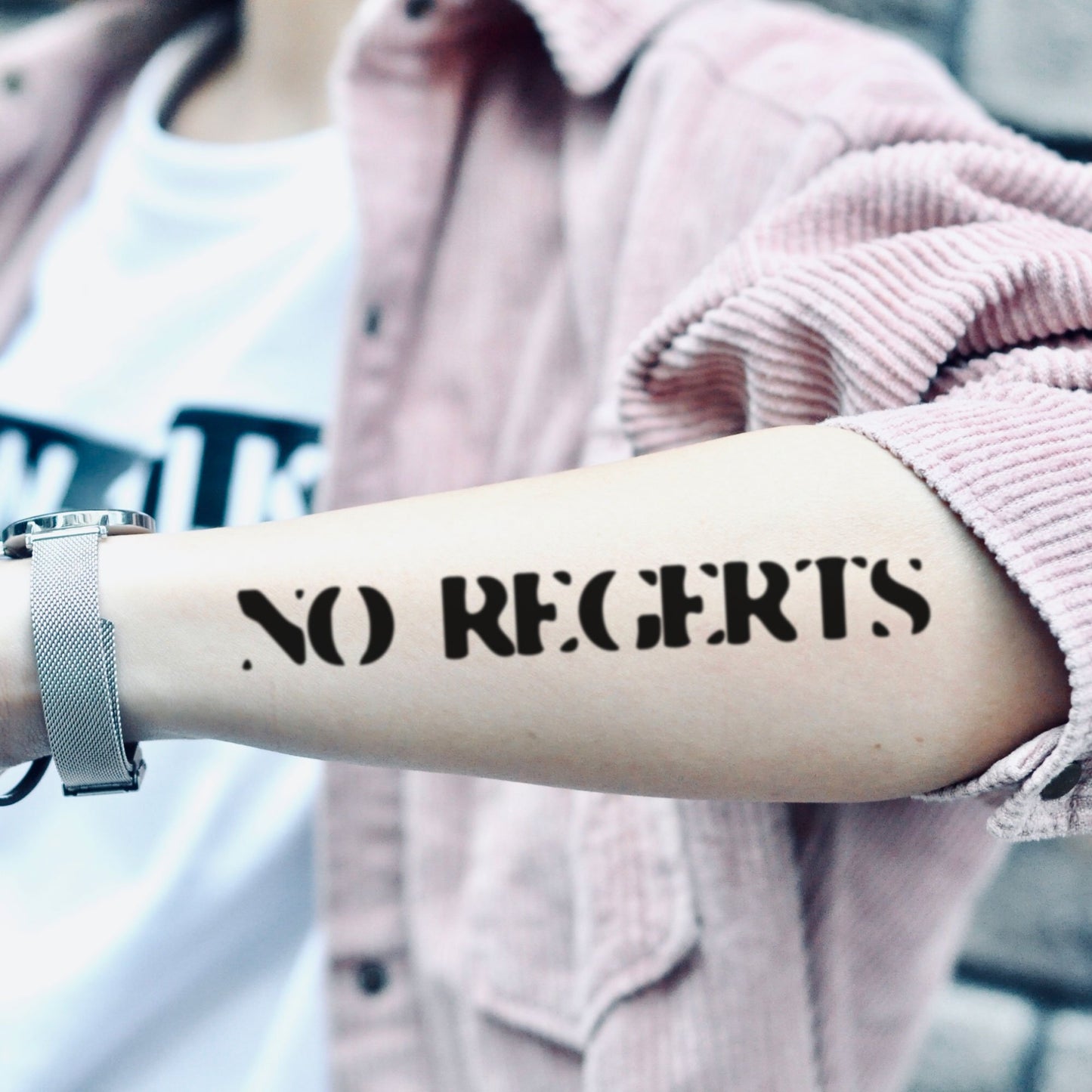fake medium no regerts regrets shameless misspelled lettering temporary tattoo sticker design idea on forearm