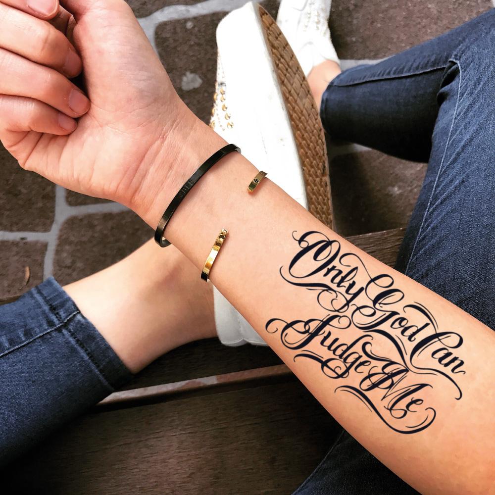 fake medium only god can judge me lettering temporary tattoo sticker design idea on forearm
