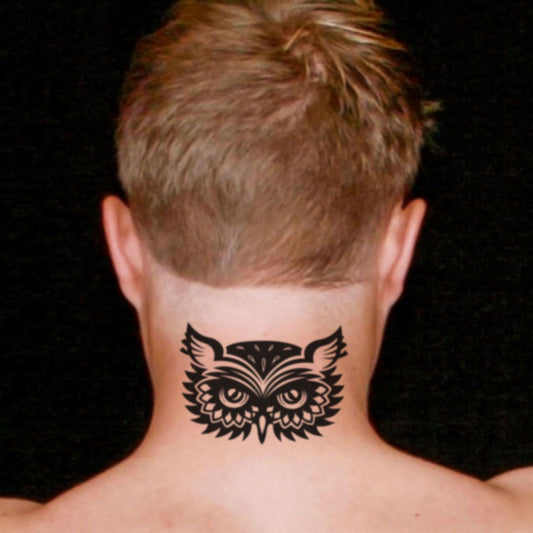 fake medium owl head men illuminati animal temporary tattoo sticker design idea on neck
