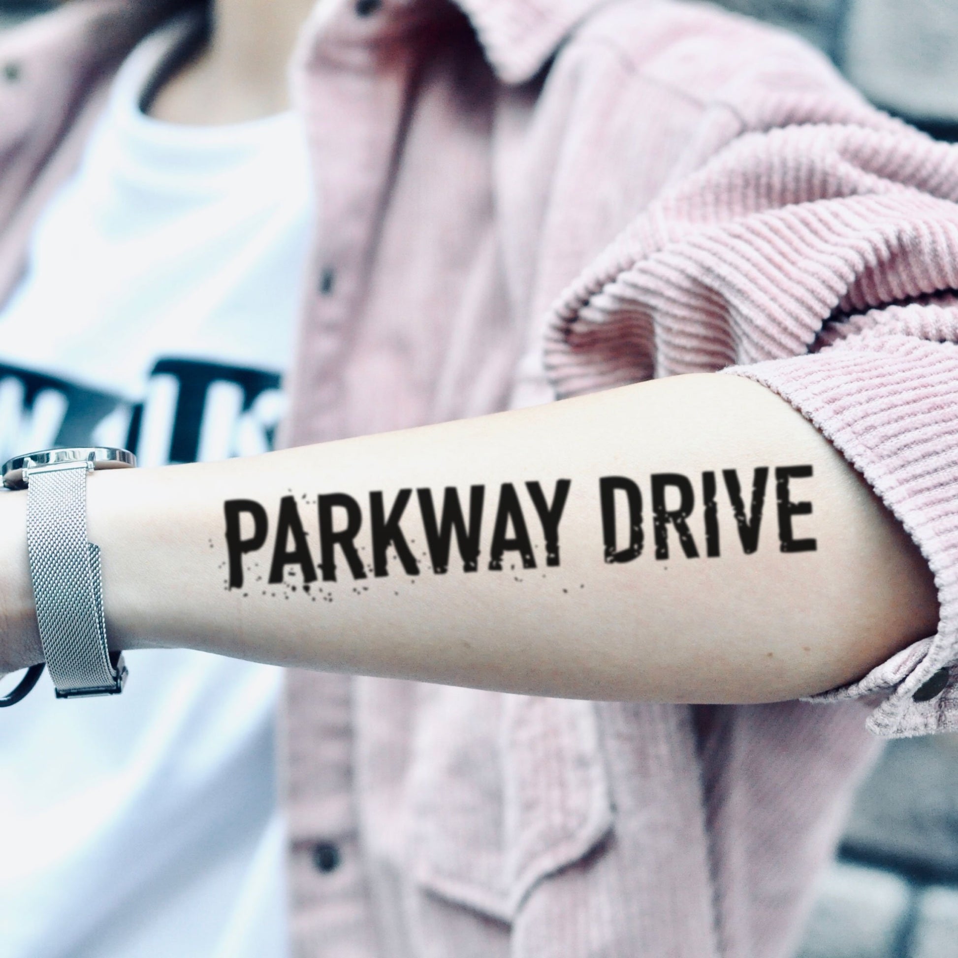 fake medium parkway drive lettering temporary tattoo sticker design idea on forearm