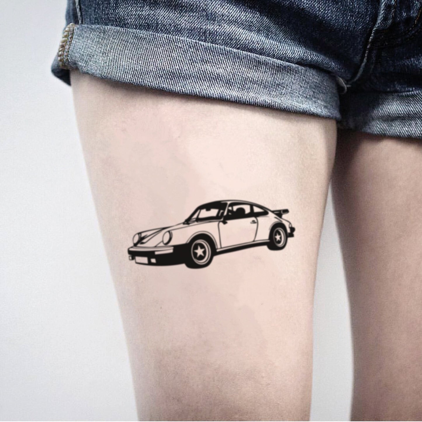 fake medium porsche rolls royce car quad illustrative temporary tattoo sticker design idea on thigh
