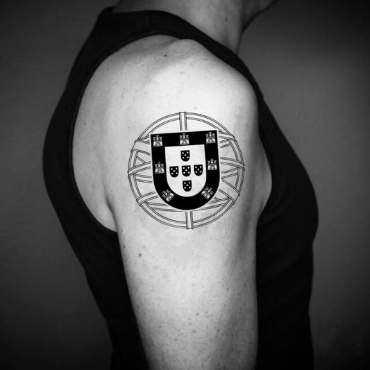 fake medium portuguese illustrative temporary tattoo sticker design idea on upper arm