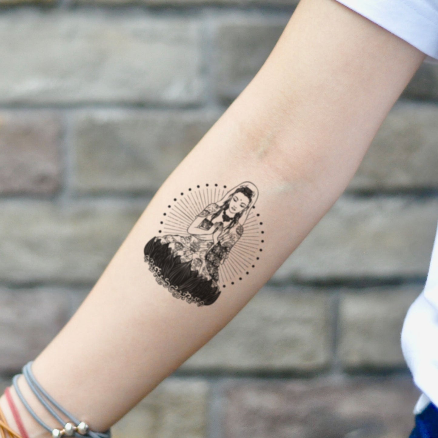 fake medium quan yin goddess illustrative temporary tattoo sticker design idea on inner arm
