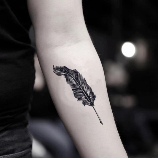 fake medium quill turkey black and white feather pen and ink illustrative temporary tattoo sticker design idea on inner arm