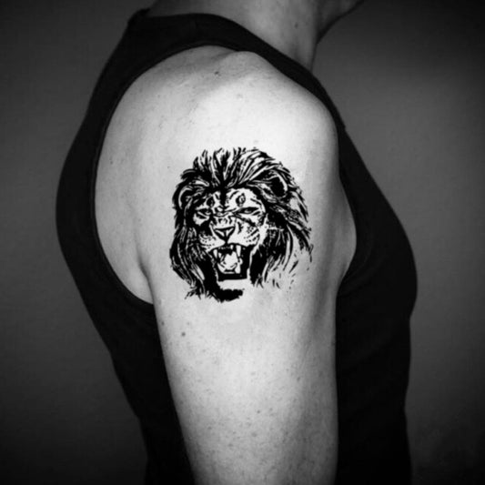 fake medium realistic black lion head animal temporary tattoo sticker design idea on upper arm