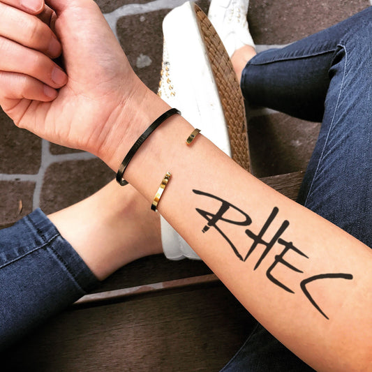 fake medium rhec lettering temporary tattoo sticker design idea on forearm