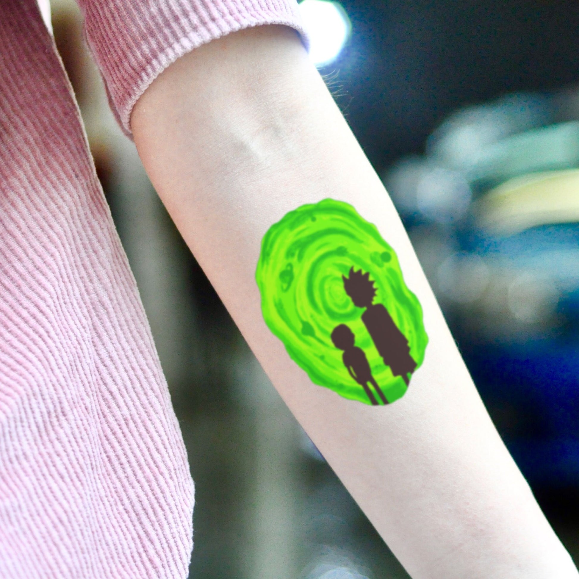 fake medium rick and morty green screen color temporary tattoo sticker design idea on inner arm