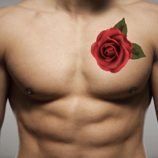 fake medium rose flower color temporary tattoo sticker design idea on guy chest