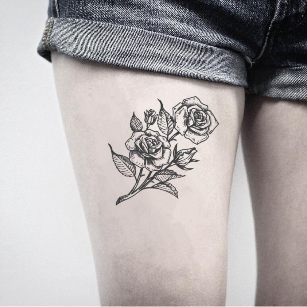 fake medium sexy rose bouquet garden flower temporary tattoo sticker design idea on thigh