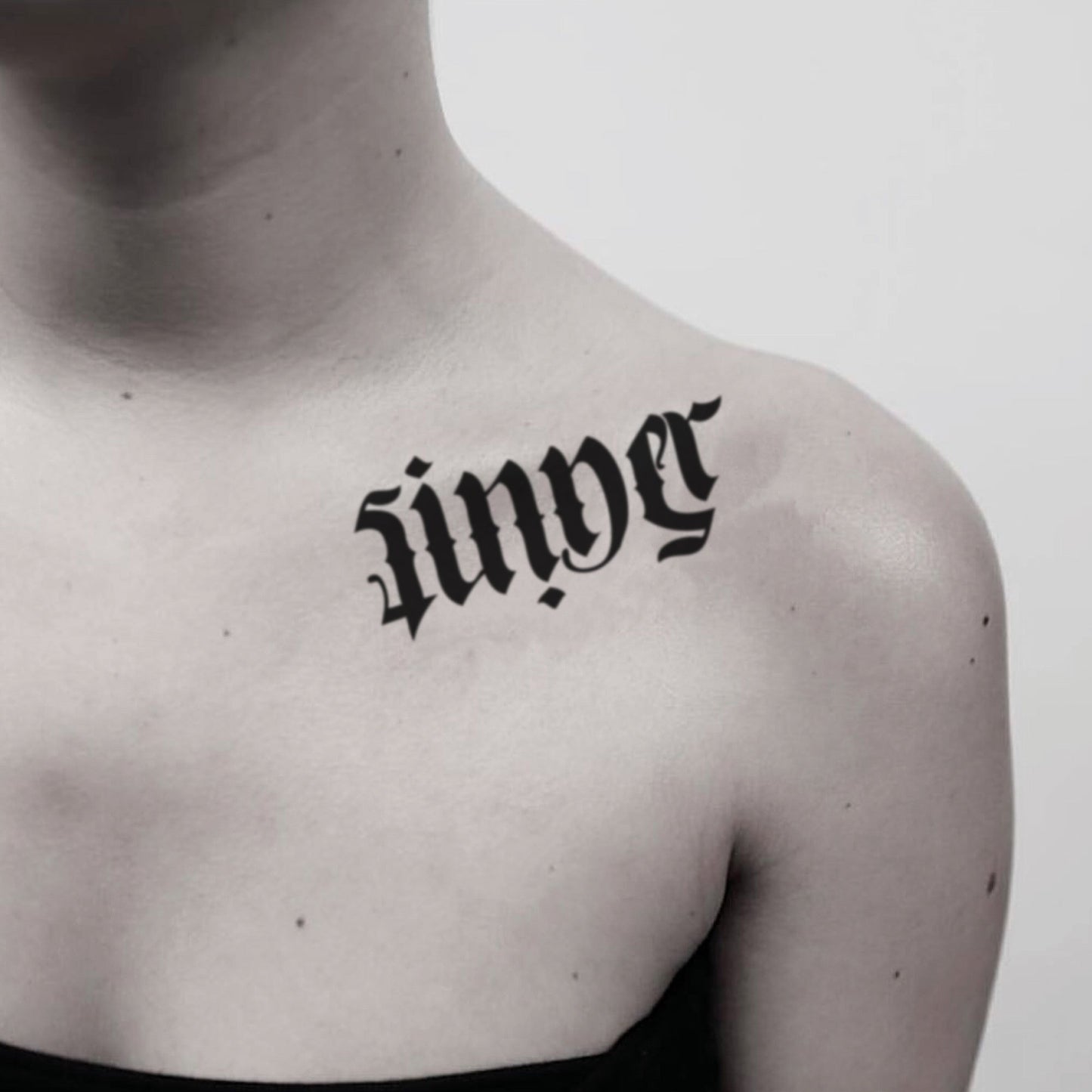 fake medium saint sinner ambigram reverse writing lettering temporary tattoo sticker design idea on shoulder