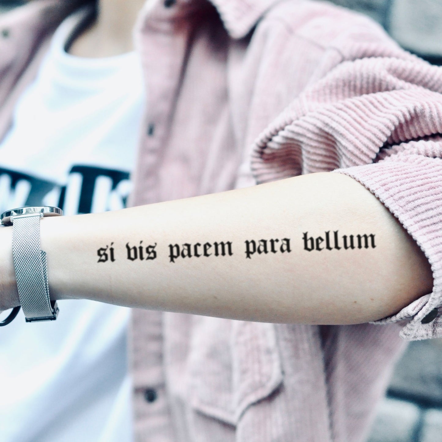 fake medium si vis pacem para bellum side arm lettering temporary tattoo sticker design idea on forearm