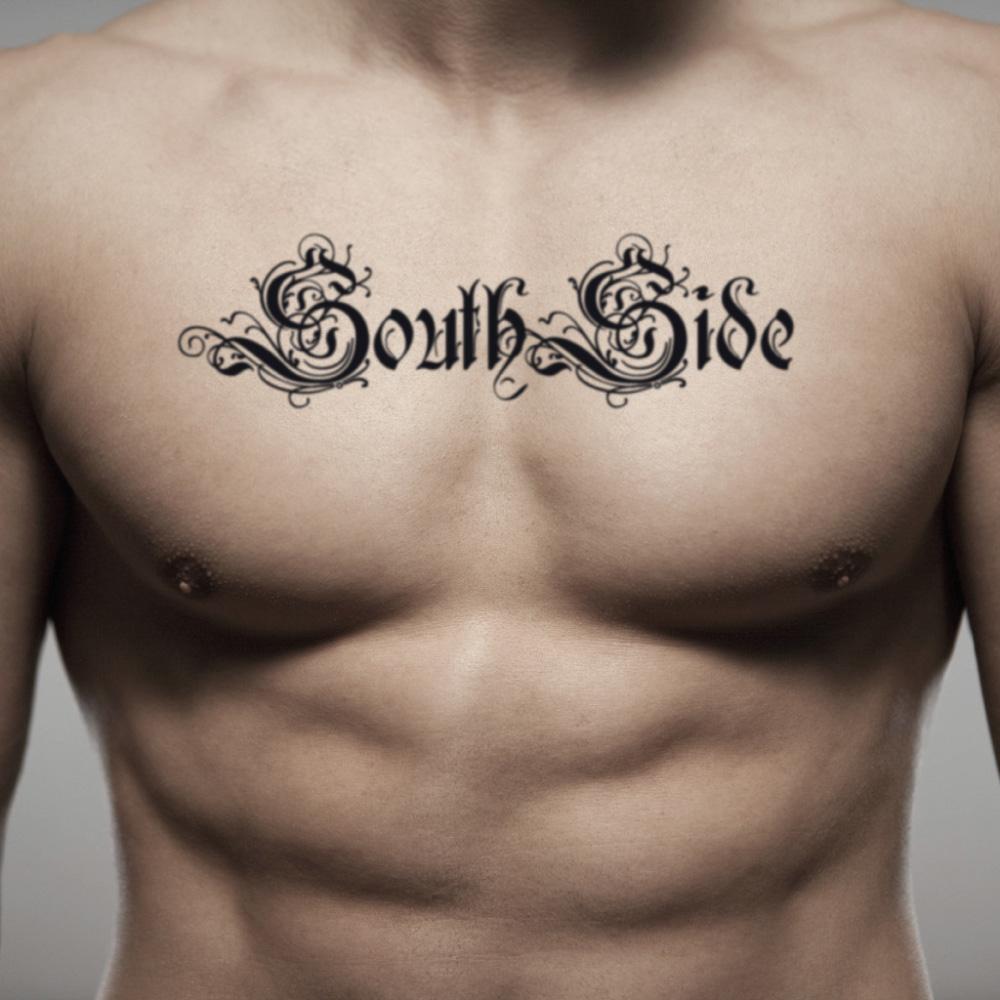 fake medium southside lettering temporary tattoo sticker design idea on chest