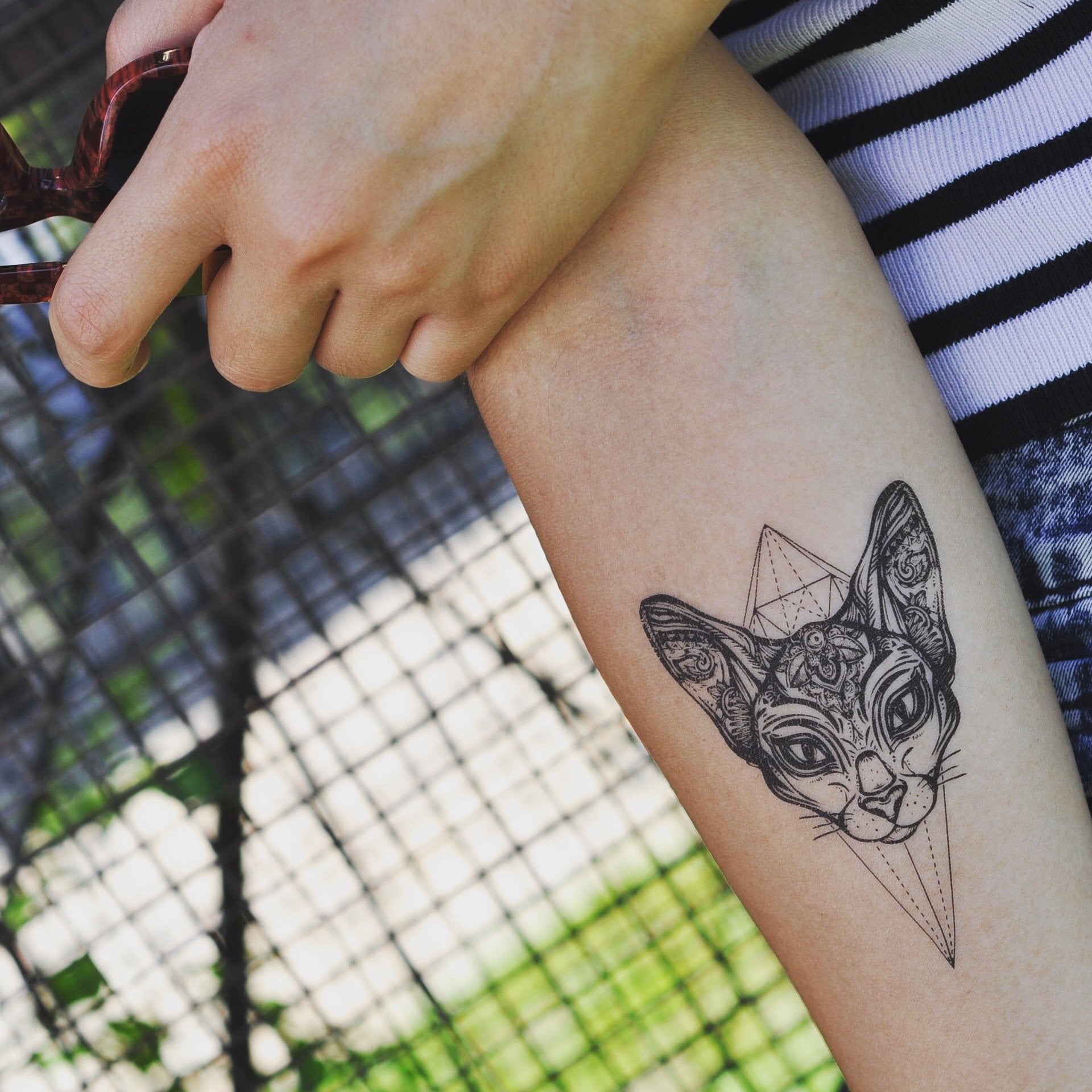 fake medium sphinx sphynx cat face animal temporary tattoo sticker design idea on inner arm