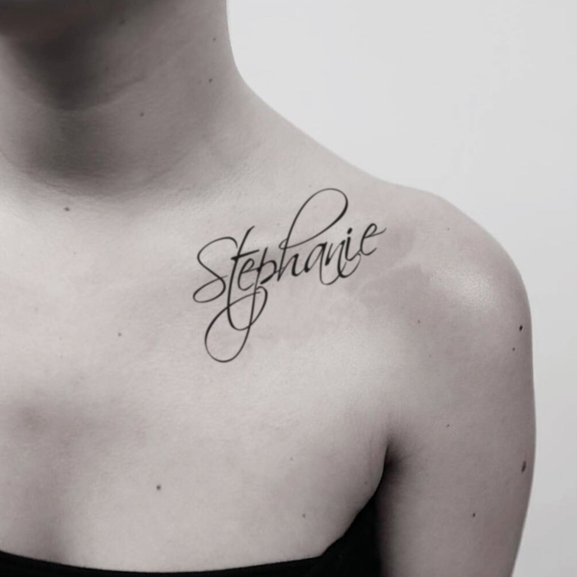 fake medium stephanie name cursive writing calligraphy font lettering temporary tattoo sticker design idea on shoulder