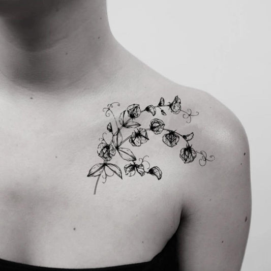 fake medium sweet pea flower temporary tattoo sticker design idea on shoulder