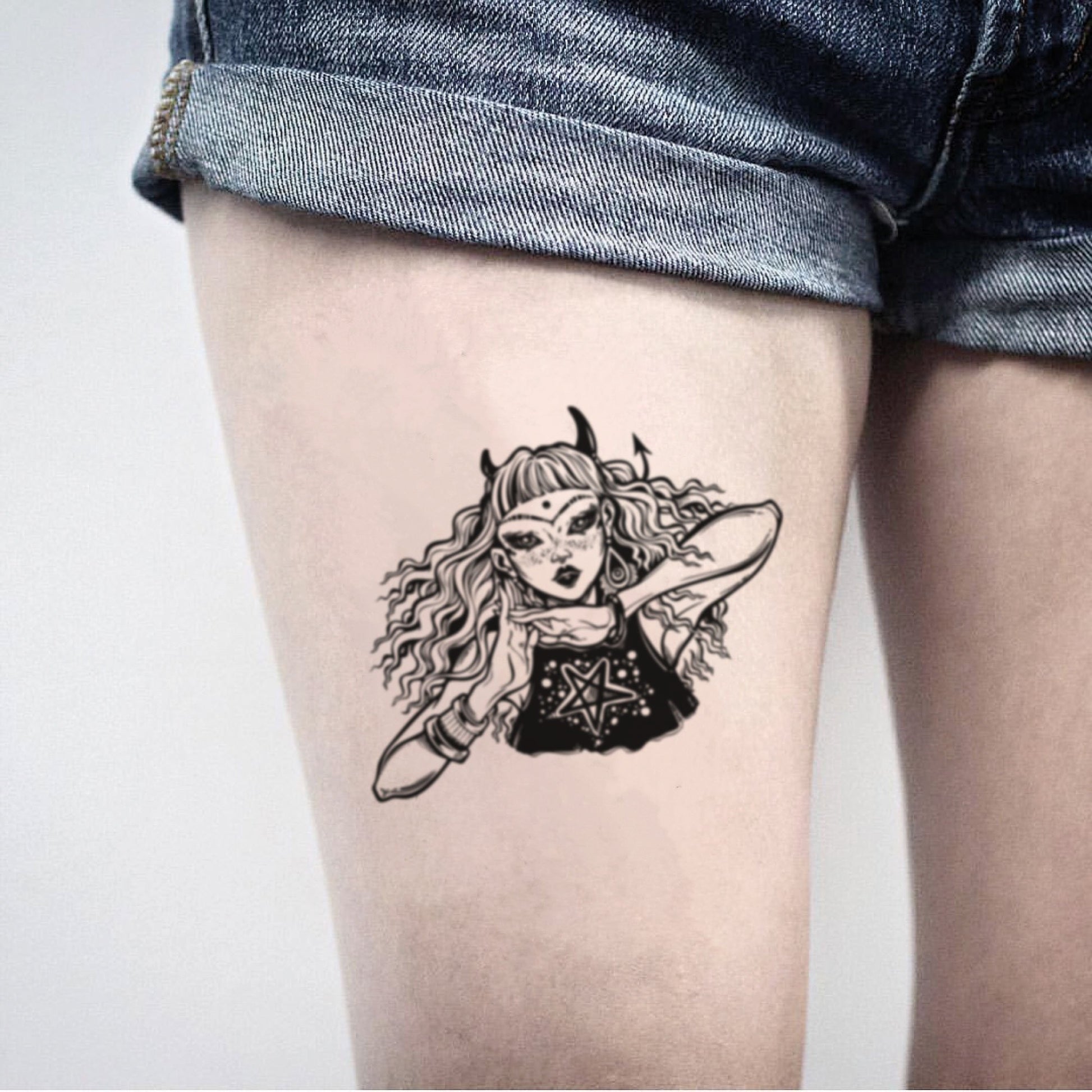 fake medium tank girl illustrative temporary tattoo sticker design idea on thigh